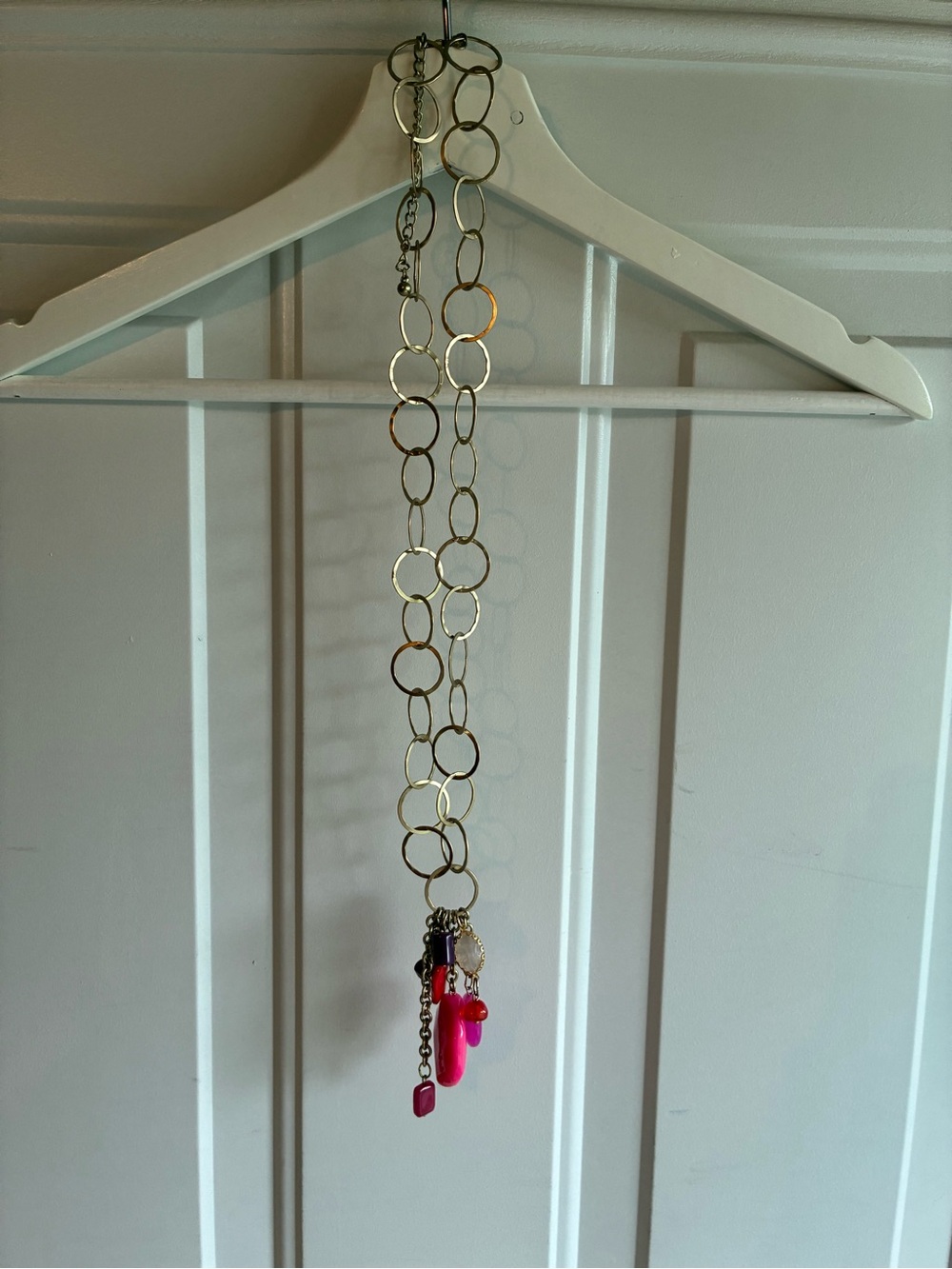 Chico's Gold-Link Necklace with Hot Pink Charm Cluster